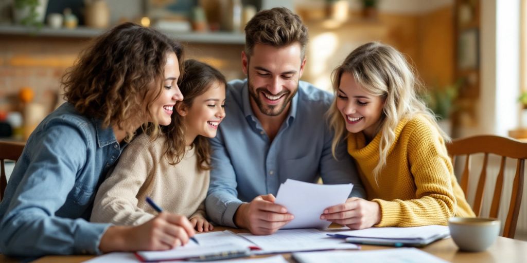 Family discussing budget at a table with planner.